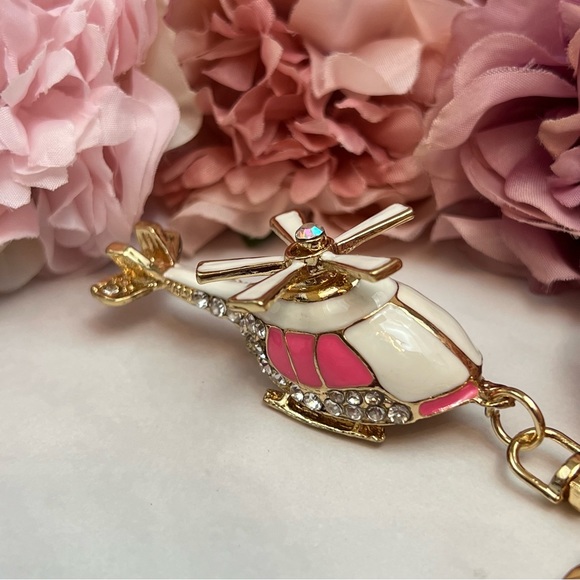 Whimsical Pink and White Crystal Helicopter Keychain Charm - Picture 5 of 16